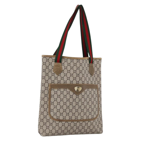GUCCI GG Plus Supreme Web Sherry Line Tote Bag PVC Beige Gold Auth ki6556