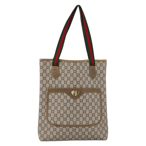 GUCCI GG Plus Supreme Web Sherry Line Tote Bag PVC Beige Gold Auth ki6556