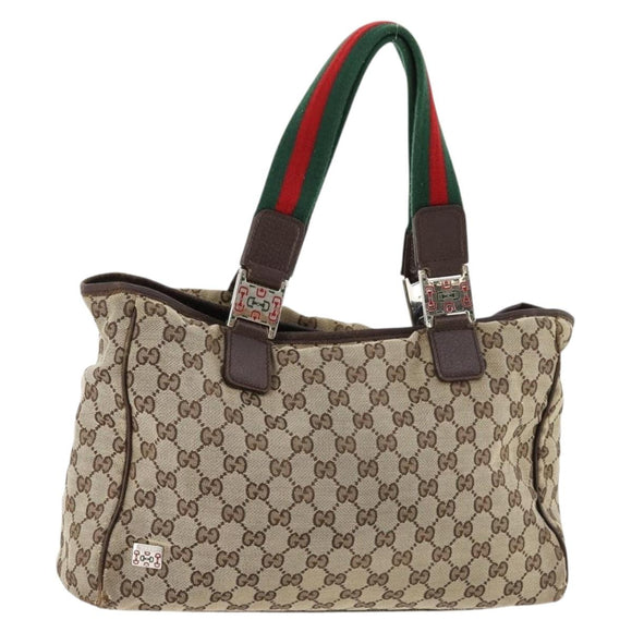 GUCCI GG Canvas Web Sherry Line Tote Bag Beige Silver 145758 Auth ki6564