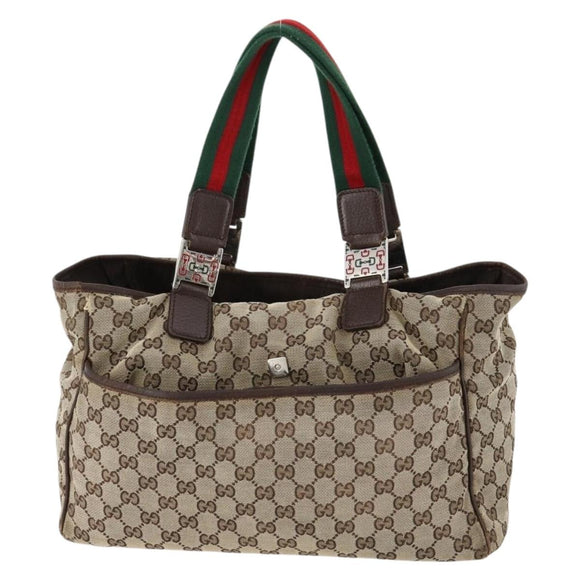 GUCCI GG Canvas Web Sherry Line Tote Bag Beige Silver 145758 Auth ki6564