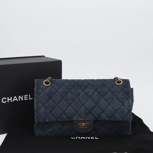 CHANEL Double Flap Chain Matelasse Shoulder Bag Denim Blue Gold CC Auth ki6569SAM