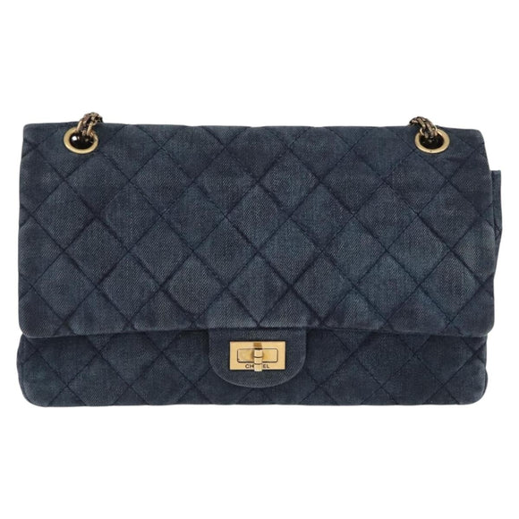 CHANEL Double Flap Chain Matelasse Shoulder Bag Denim Blue Gold CC Auth ki6569SAM