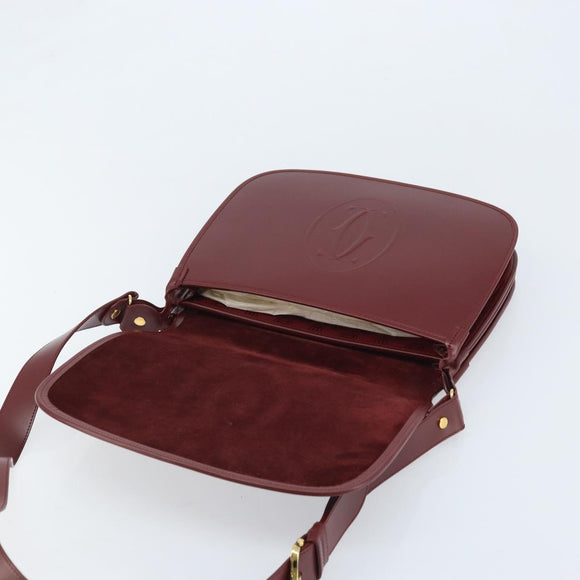 CARTIER Shoulder Bag Leather Bordeaux Gold Auth ki6589