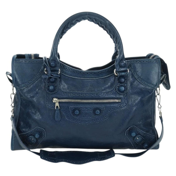 BALENCIAGA Giant City Hand Bag Leather 2way Blue Silver 258044 Auth ki6596SAM