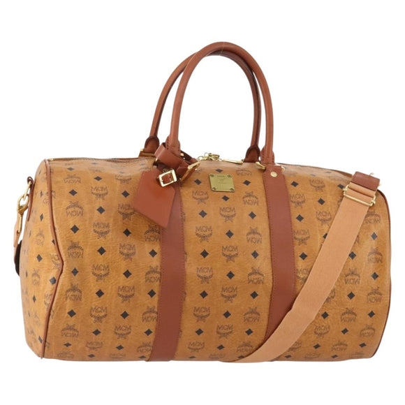 MCM Vicetos Logogram Boston Bag PVC Leather 2way Brown Gold Auth ki6602