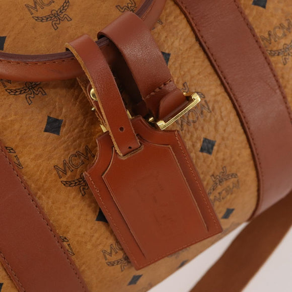 MCM Vicetos Logogram Boston Bag PVC Leather 2way Brown Gold Auth ki6602
