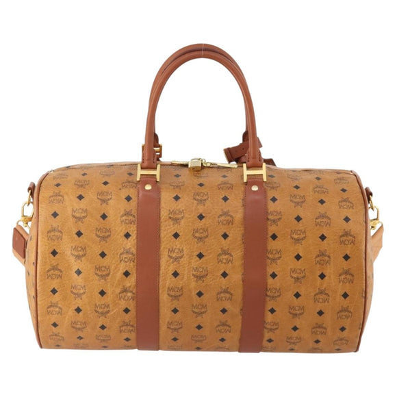 MCM Vicetos Logogram Boston Bag PVC Leather 2way Brown Gold Auth ki6602