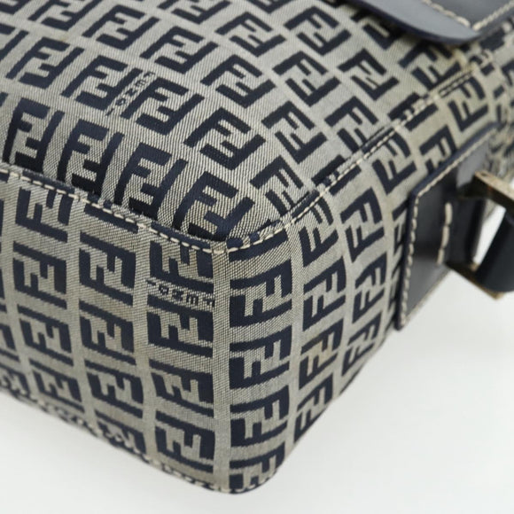 FENDI Zucchino Canvas Shoulder Bag Navy Silver Auth ki6624V