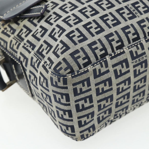 FENDI Zucchino Canvas Shoulder Bag Navy Silver Auth ki6624V