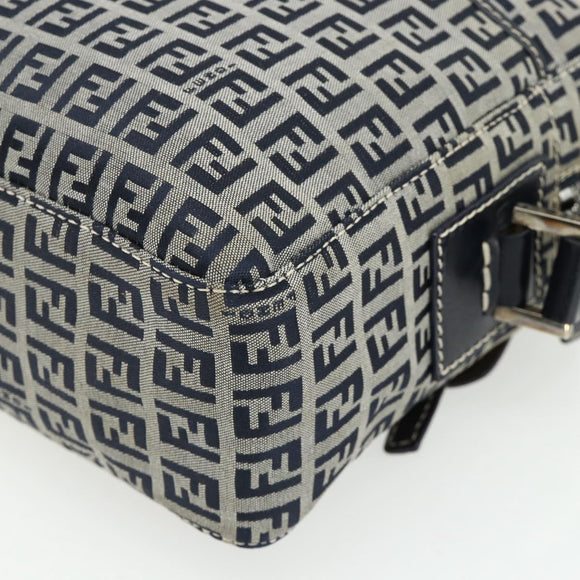 FENDI Zucchino Canvas Shoulder Bag Navy Silver Auth ki6624V