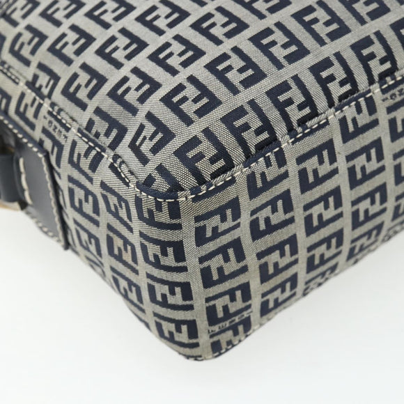 FENDI Zucchino Canvas Shoulder Bag Navy Silver Auth ki6624V