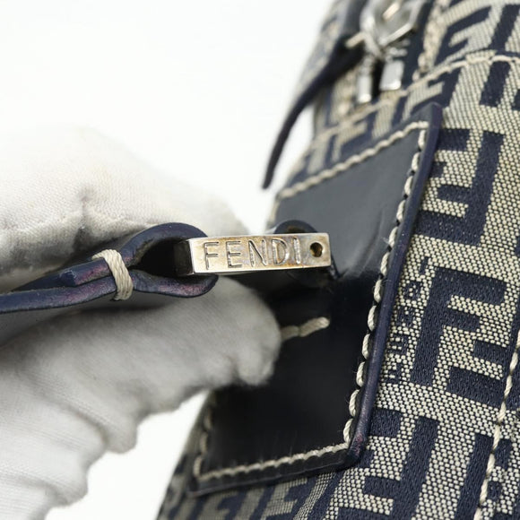 FENDI Zucchino Canvas Shoulder Bag Navy Silver Auth ki6624V