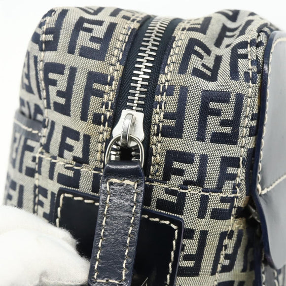 FENDI Zucchino Canvas Shoulder Bag Navy Silver Auth ki6624V