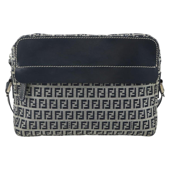 FENDI Zucchino Canvas Shoulder Bag Navy Silver Auth ki6624V
