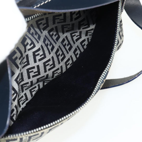 FENDI Zucchino Canvas Shoulder Bag Navy Silver Auth ki6624V