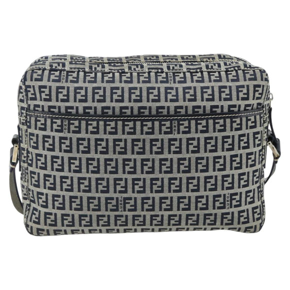 FENDI Zucchino Canvas Shoulder Bag Navy Silver Auth ki6624V