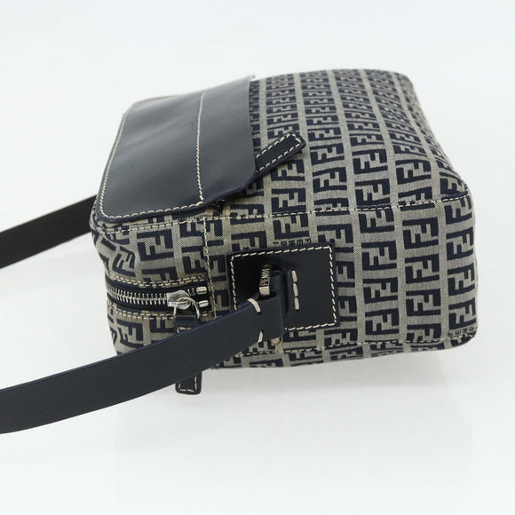 FENDI Zucchino Canvas Shoulder Bag Navy Silver Auth ki6624V