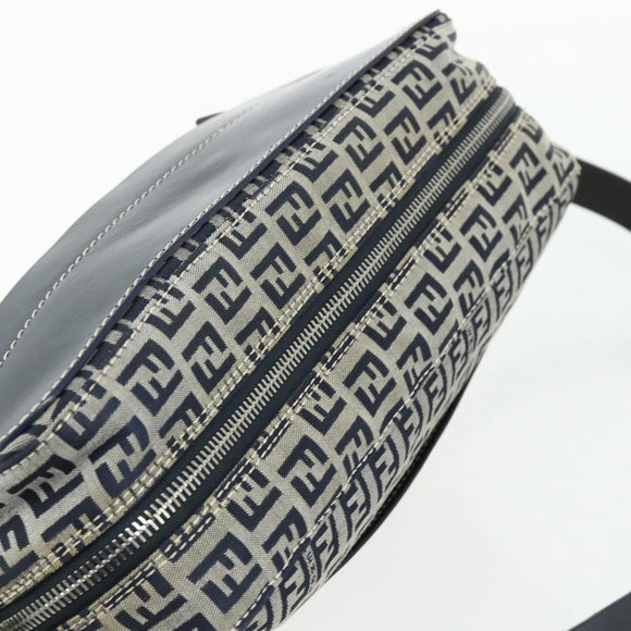 FENDI Zucchino Canvas Shoulder Bag Navy Silver Auth ki6624V
