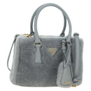 PRADA MONTONE Faux Fur Galleria Shoulder Bag Fur 2way Gray Gold Auth ki6631M-1