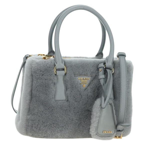 PRADA MONTONE Faux Fur Galleria Shoulder Bag Fur 2way Gray Gold Auth ki6631M