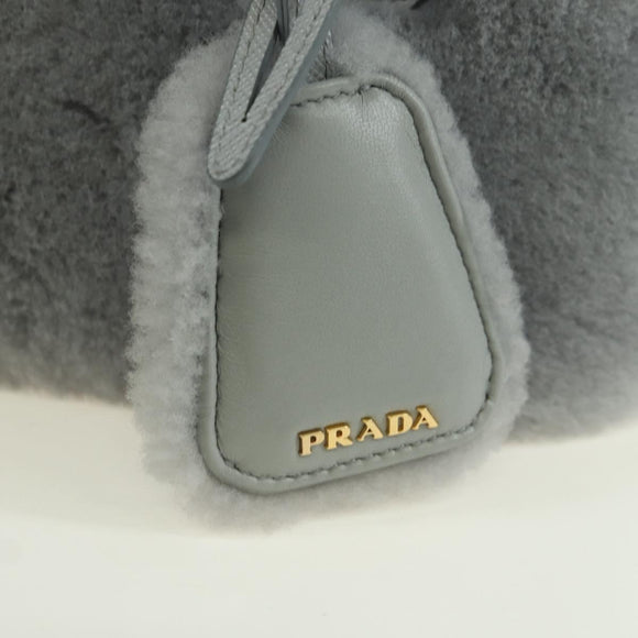 PRADA MONTONE Faux Fur Galleria Shoulder Bag Fur 2way Gray Gold Auth ki6631M