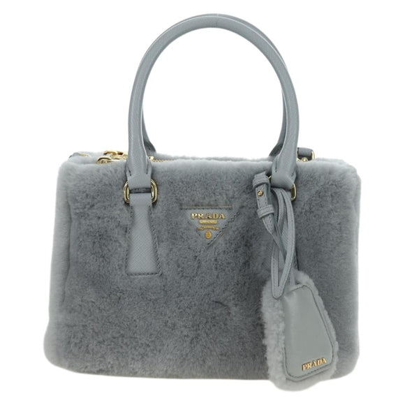 PRADA MONTONE Faux Fur Galleria Shoulder Bag Fur 2way Gray Gold Auth ki6631M