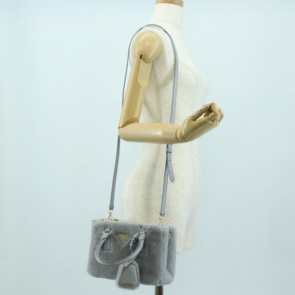 PRADA MONTONE Faux Fur Galleria Shoulder Bag Fur 2way Gray Gold Auth ki6631M