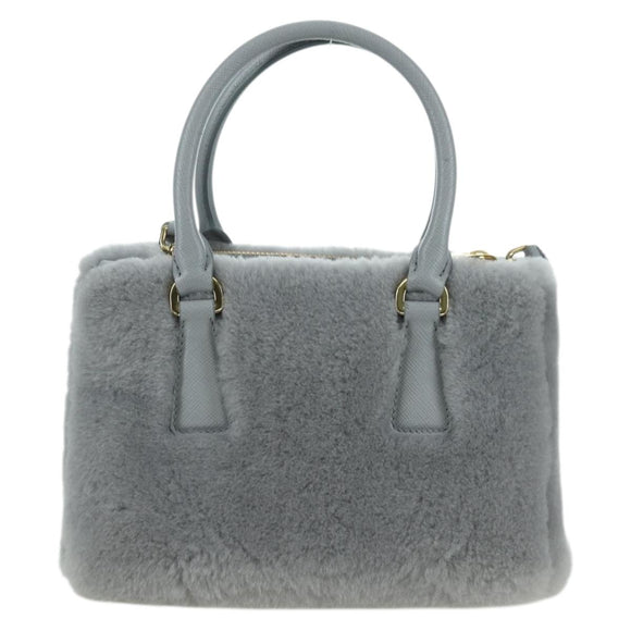 PRADA MONTONE Faux Fur Galleria Shoulder Bag Fur 2way Gray Gold Auth ki6631M