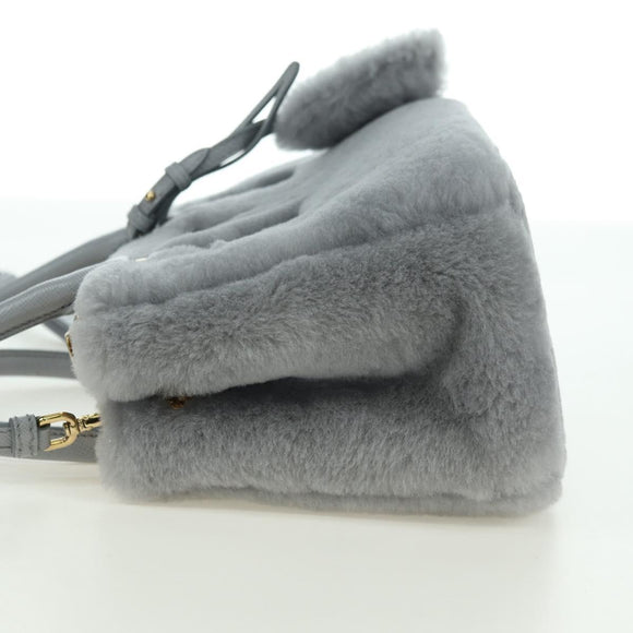 PRADA MONTONE Faux Fur Galleria Shoulder Bag Fur 2way Gray Gold Auth ki6631M