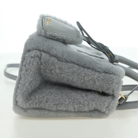 PRADA MONTONE Faux Fur Galleria Shoulder Bag Fur 2way Gray Gold Auth ki6631M