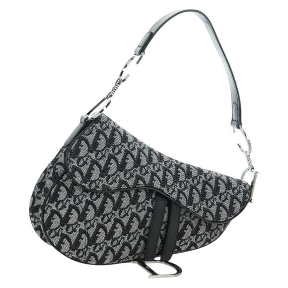 Christian Dior Trotter Canvas Saddle Bag Hand Bag Black Silver Auth ki6640M