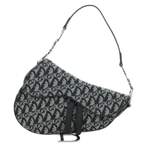 Christian Dior Trotter Canvas Saddle Bag Hand Bag Black Silver Auth ki6640M