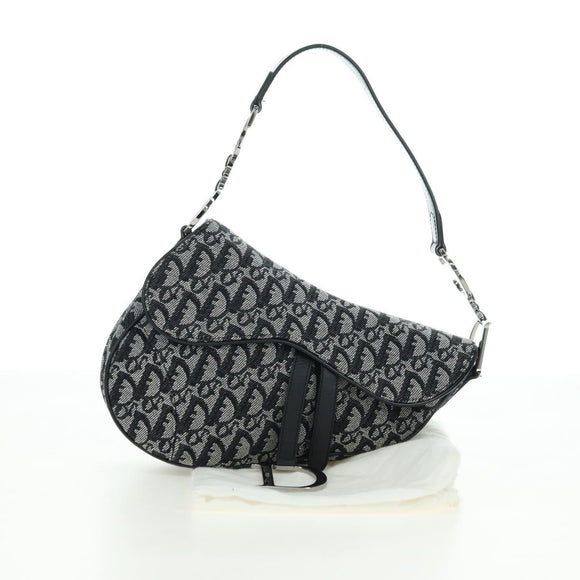 Christian Dior Trotter Canvas Saddle Bag Hand Bag Black Silver Auth ki6640M