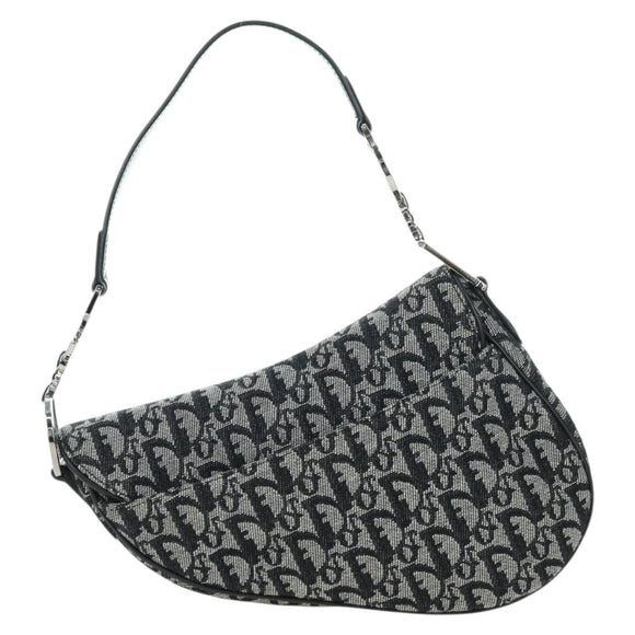 Christian Dior Trotter Canvas Saddle Bag Hand Bag Black Silver Auth ki6640M