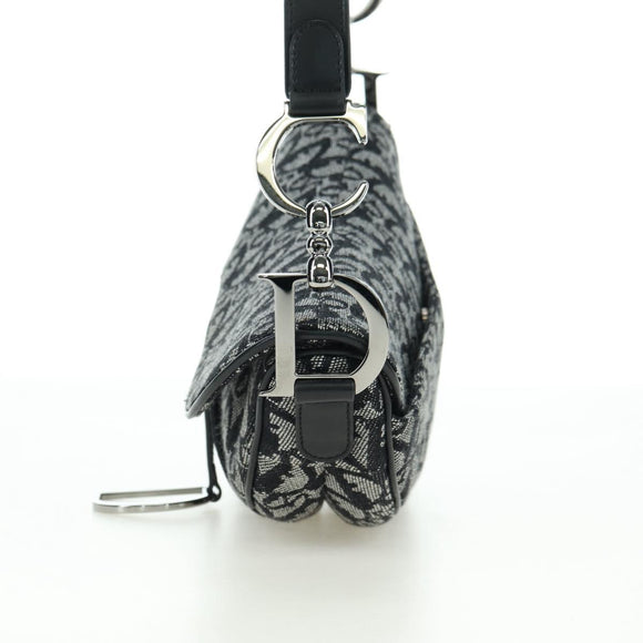 Christian Dior Trotter Canvas Saddle Bag Hand Bag Black Silver Auth ki6640M