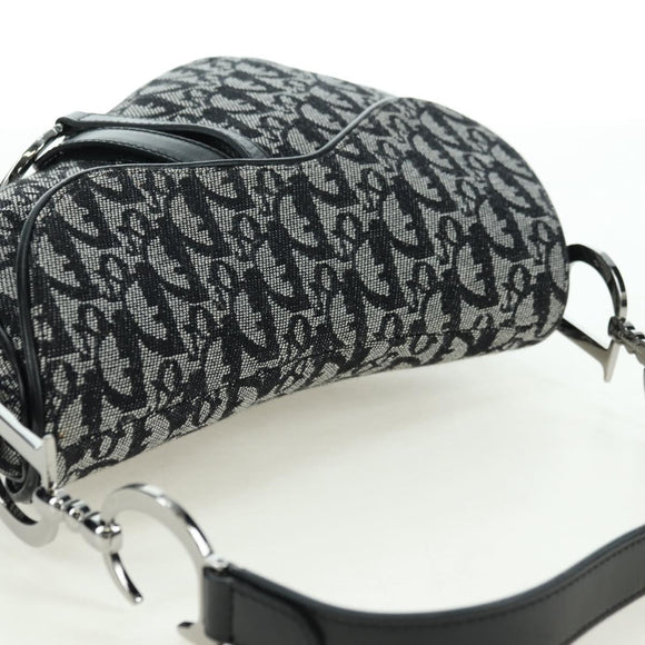 Christian Dior Trotter Canvas Saddle Bag Hand Bag Black Silver Auth ki6640M