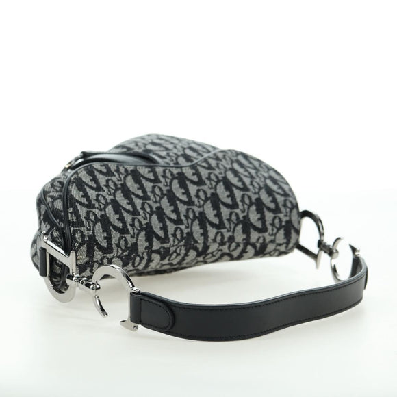 Christian Dior Trotter Canvas Saddle Bag Hand Bag Black Silver Auth ki6640M