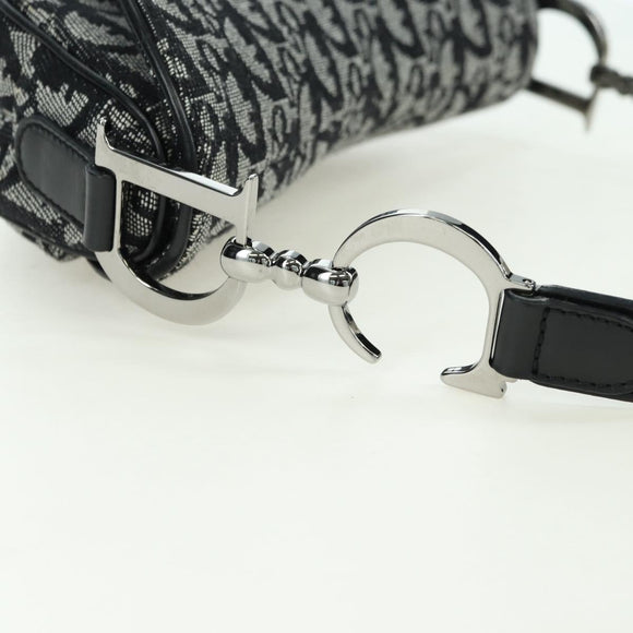 Christian Dior Trotter Canvas Saddle Bag Hand Bag Black Silver Auth ki6640M