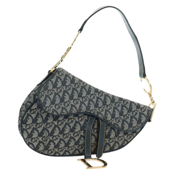 Christian Dior Trotter Canvas Saddle Bag Hand Bag Navy Gold Auth ki6641SV