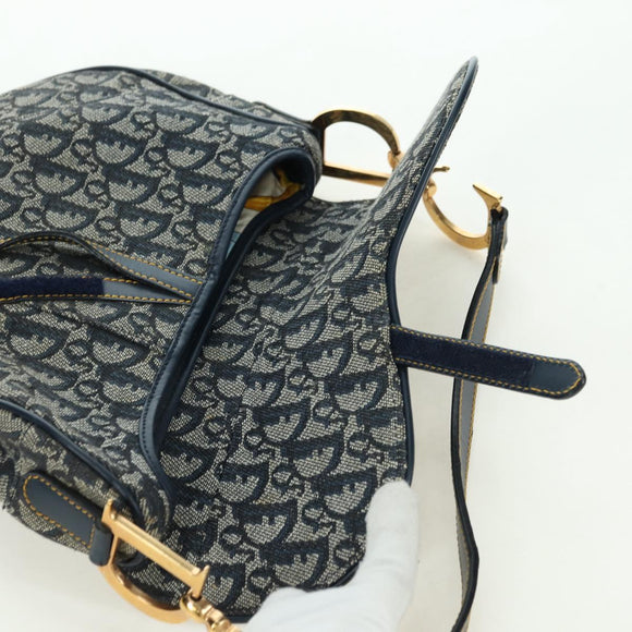 Christian Dior Trotter Canvas Saddle Bag Hand Bag Navy Gold Auth ki6641SV