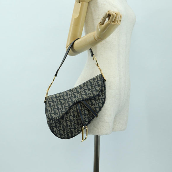Christian Dior Trotter Canvas Saddle Bag Hand Bag Navy Gold Auth ki6641SV