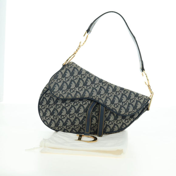 Christian Dior Trotter Canvas Saddle Bag Hand Bag Navy Gold Auth ki6641SV