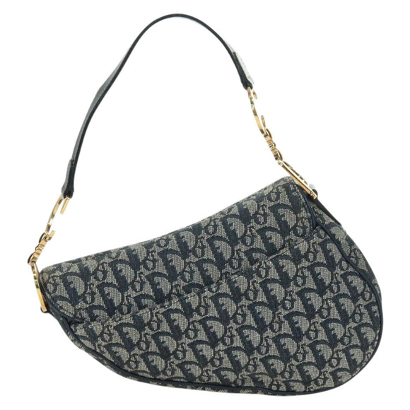 Christian Dior Trotter Canvas Saddle Bag Hand Bag Navy Gold Auth ki6641SV