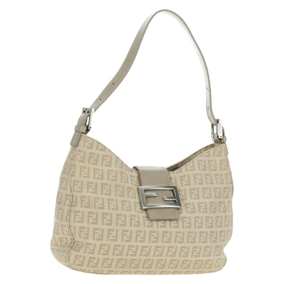FENDI Zucchino Canvas Mamma Baguette Shoulder Bag Beige Silver Auth ki6644SAV