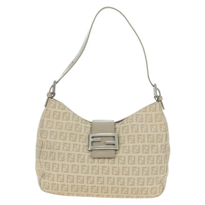FENDI Zucchino Canvas Mamma Baguette Shoulder Bag Beige Silver Auth ki6644SAV - 0