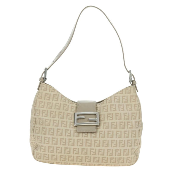 FENDI Zucchino Canvas Mamma Baguette Shoulder Bag Beige Silver Auth ki6644SAV