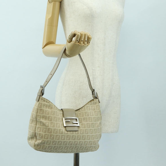 FENDI Zucchino Canvas Mamma Baguette Shoulder Bag Beige Silver Auth ki6644SAV