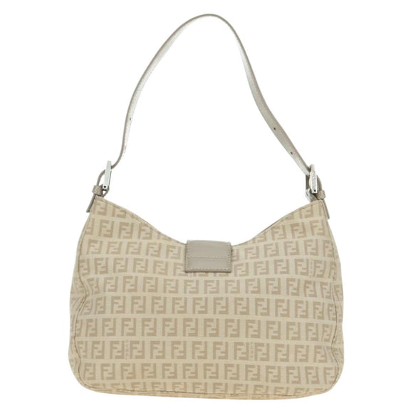 FENDI Zucchino Canvas Mamma Baguette Shoulder Bag Beige Silver Auth ki6644SAV