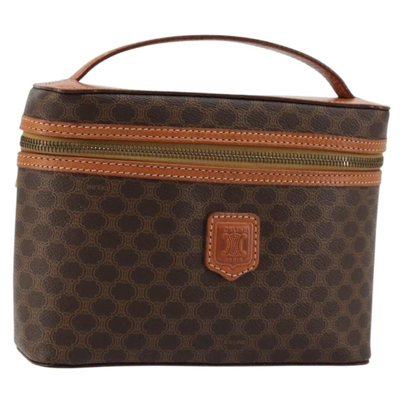 CELINE Macadam Canvas Vanity Hand Bag PVC Leather Brown Gold Auth ki6647