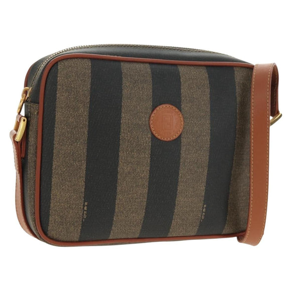 FENDI Pecan Canvas Shoulder Bag PVC Brown Black Auth ki6658V